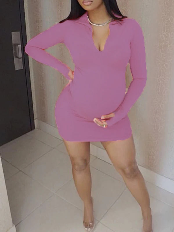 Momyknows Pink Zipper V-Neck Long Sleeve Bodycon Cute Baby Shower Plus Size Maternity Mini Dress