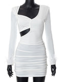 Momyknows White Feather Splicing Cut Out V-Neck Long Sleeve Bodycon Party Maternity Mini Dress