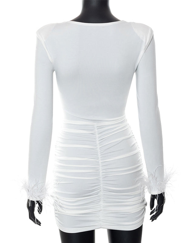 Momyknows White Feather Splicing Cut Out V-Neck Long Sleeve Bodycon Party Maternity Mini Dress