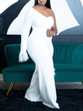 Momyknows One Shoulder Backless Irregular Feather Splicing Sashes Long Sleeve Bodycon Evening Plus Size Maternity Jumpsuit