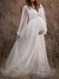 Momyknows White Plus Size Tulle Lantern Sleeve Baby Shower Photoshoot Wedding Party Pregnant Maternity Maxi Dress