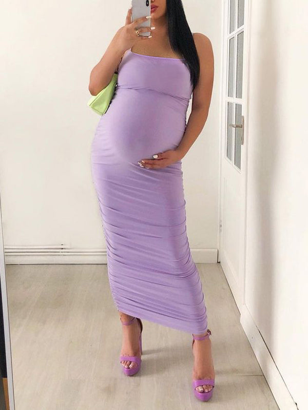 Momyknows Lilac Purple Shirred Square Neck Tank Form Fitted Pencil Sundress Bodycon Maxi Maternity Dress