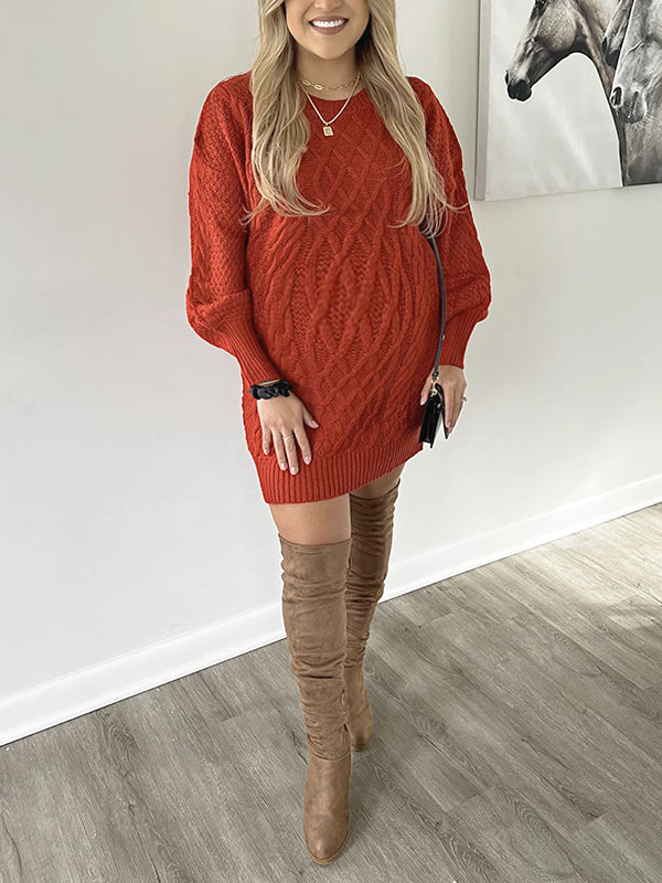Momyknows Cable Knit Lantern Sleeve Oversized Crewneck Pullover Pregnant Maternity Sweater Mini Dress