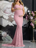 Momyknows Floral Lace Off Shoulder Mermaid PhotoShoot Baby Shower Pregnant Maternity Maxi Dress