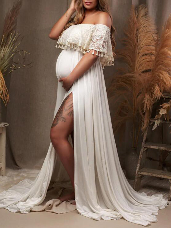 Momyknows Patchwork Lace Tassel Slit Photoshoot Baby Shower Pregnant Maternity Maxi Dress