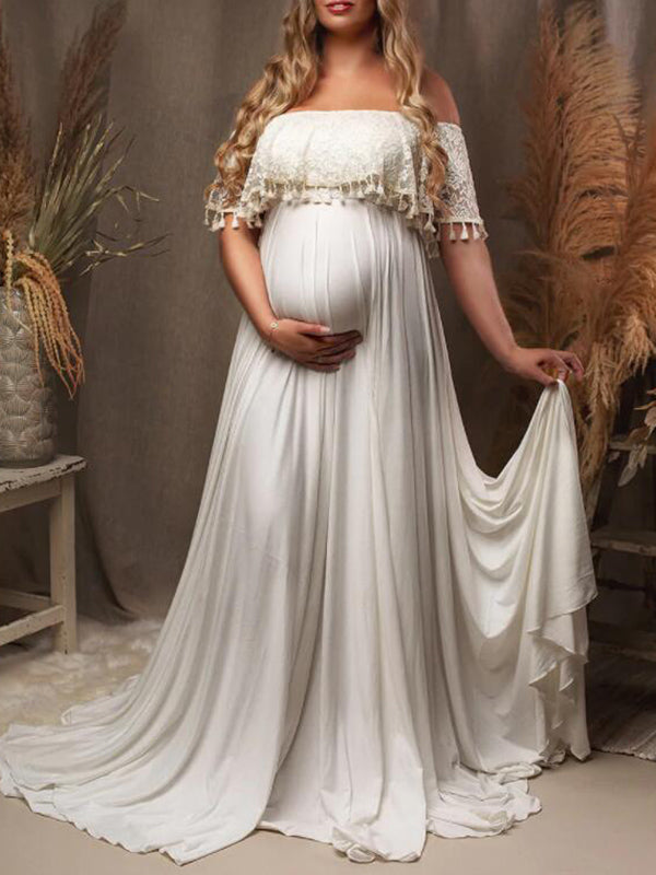 Momyknows Patchwork Lace Tassel Slit Photoshoot Baby Shower Pregnant ...