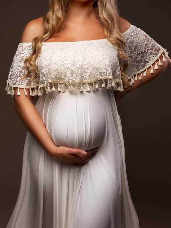 Momyknows Patchwork Lace Tassel Slit Photoshoot Baby Shower Pregnant Maternity Maxi Dress