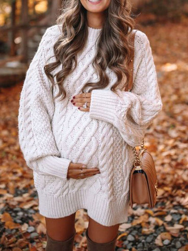 Momyknows White Oversized Cable Knitting Streetwear Mini Maternity Pullover Sweater