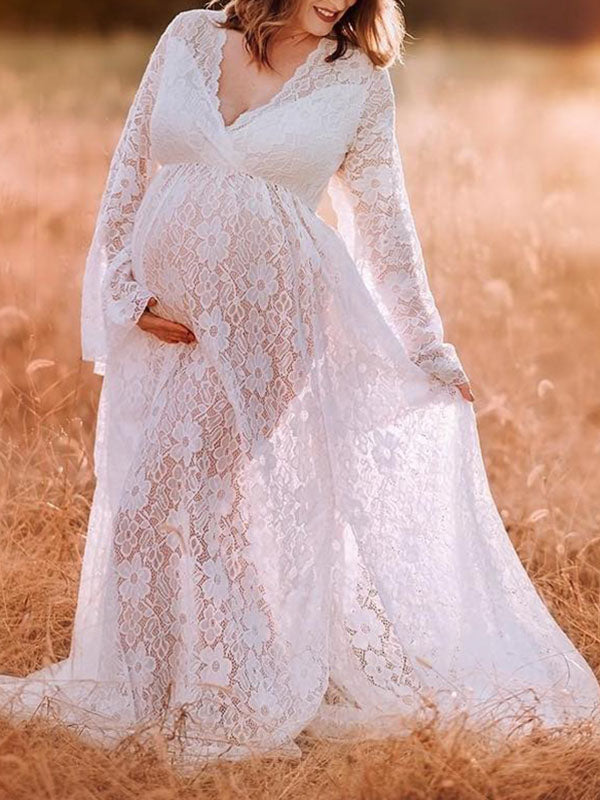 2.24Momyknows White Lace Deep V-neck Flare Sleeve Photoshoot Maternity Maxi Dress