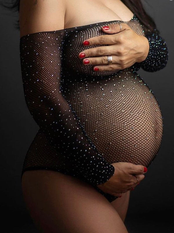 Momyknows Black Off Shoulder Maternity Photoshoot Body Rhinestones Crystal Bodysuit