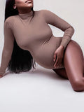 Momyknows Apricot High Neck Long Sleeve Fashion Maternity Bodysuit Jumpsuit Women
