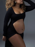 Momyknows Black Ruffle Cut Out Crop Side Slit Irregular Bodycon Photoshoot Maternity Maxi Dress