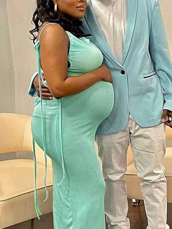 Momyknows Sky Blue Cami Backless Spaghetti Straps U-neck Bodycon Fashion Maternity Baby Shower Party Maxi Dress
