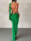 Momyknows Backless Ruched Side Draped Halter Neck Elegant Bodycon Photoshoot Gown Baby Shower Maternity Maxi Dress
