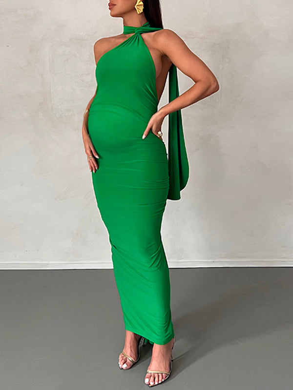 Momyknows Backless Ruched Side Draped Halter Neck Elegant Bodycon Photoshoot Gown Baby Shower Maternity Maxi Dress