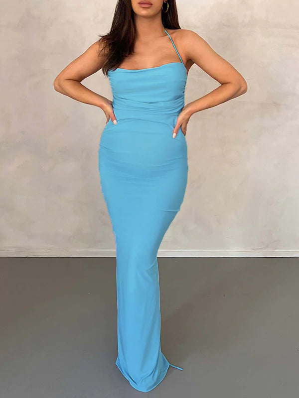 Momyknows Spaghetti Strap Bandeau Belly Friendly Ruched Lace-up Backless Babyshower Maternity Maxi Dress
