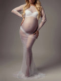 Momyknows Tulle Mesh Sheer Mermaid Elegant Bodycon Photoshoot Maternity Maxi Dress