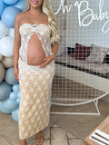 Momyknows 2 Piece Lace Tube Tie Ruffle Elegant Fashion Bodycon Vacation Photoshoot Baby Shower Maternity Maxi Dress