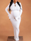 Momyknows White Knitting Single Breasted Feather Splicing Polo Neck Split Flare Sleeve Bodycon Baby Shower Maternity Maxi Dress