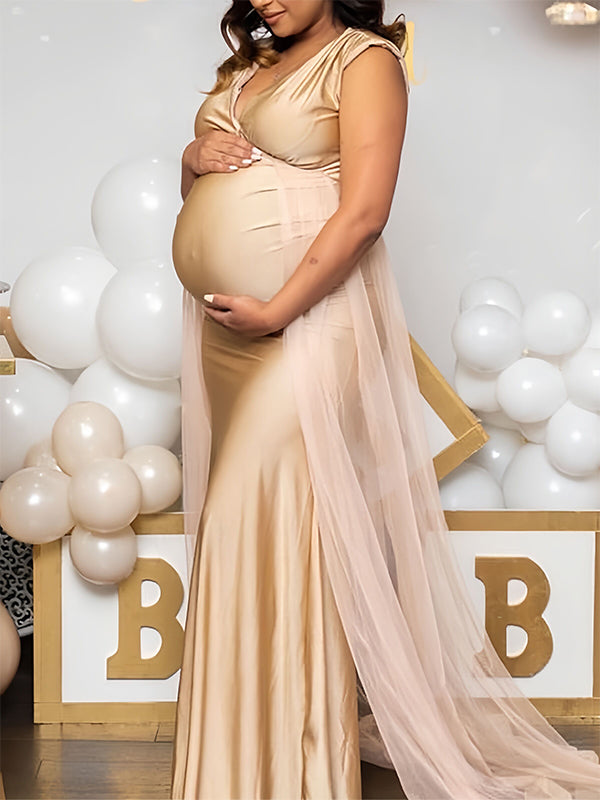 Momyknows Champagne Tulle Train V-neck Mermaid Photoshoot Evening Gown Baby Shower Maternity Maxi Dress