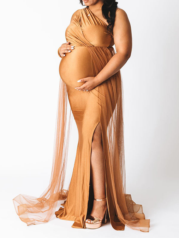 Momyknows Khaki One Shoulder Cut Out Tulle Train Side Slit Photoshoot Evening Gown Baby Shower Maternity Maxi Dress