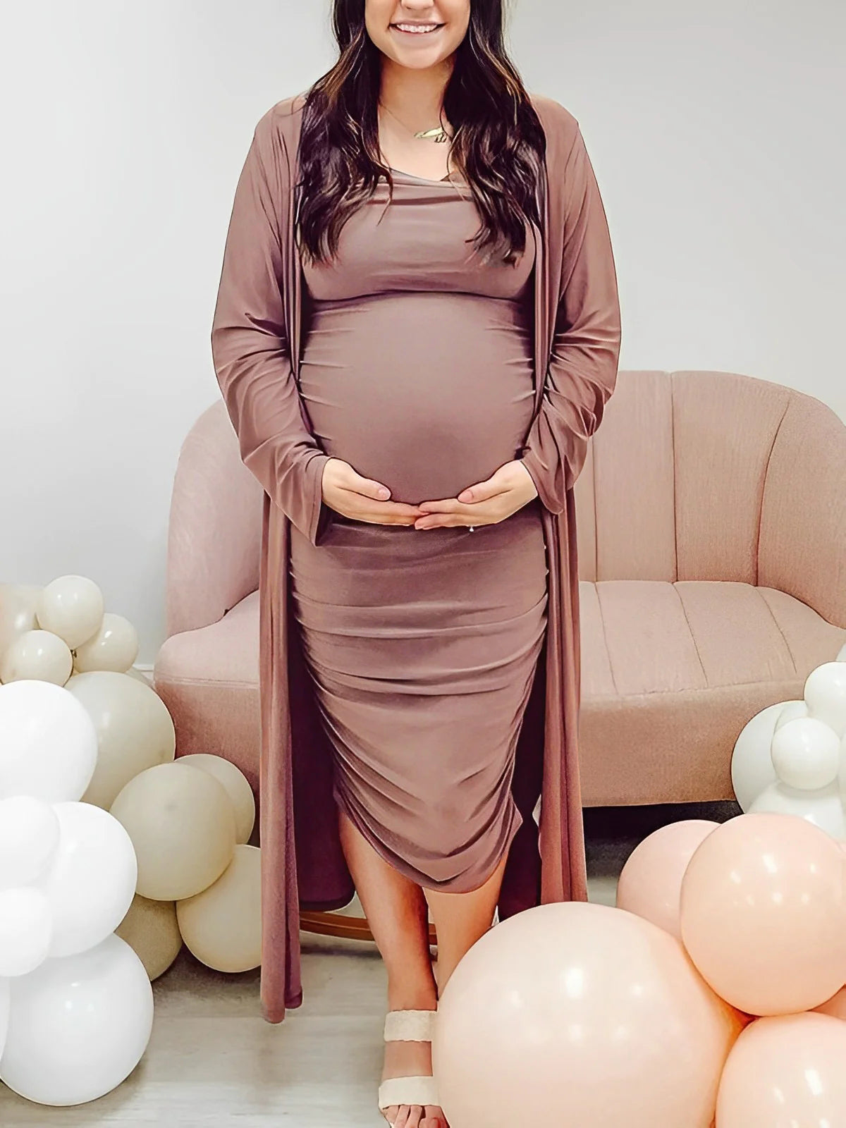 Momyknows Ruched Cowl Neck Two Piece Spaghetti Strap Long Dress And Duster Coat Long Sleeve Babyshower Maternity Maxi Dress Brown / S Momyknows Ruched Cowl Neck Two Piece Spaghetti Strap Long Dress And Duster Coat Long Sleeve Babyshower Maternity Maxi Dress Brown / S