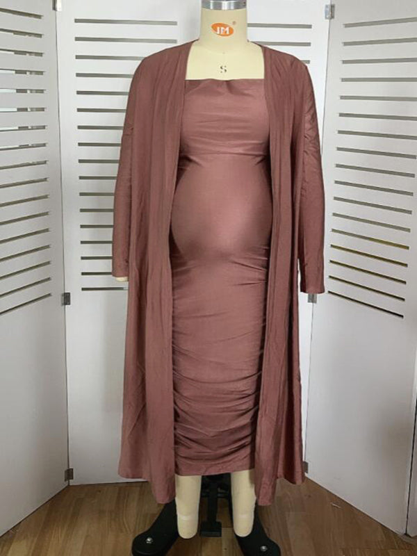 Momyknows Ruched Cowl Neck Two Piece Spaghetti Strap Long Dress And Duster Coat Long Sleeve Babyshower Maternity Maxi Dress