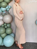 Momyknows Apricot Knitted Belly Friendly Cut Out High Neck Bodycon Eleagnt Maternity Baby Shower Maxi Dress
