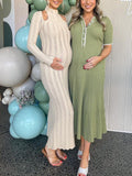 Momyknows Apricot Knitted Belly Friendly Cut Out High Neck Bodycon Eleagnt Maternity Baby Shower Maxi Dress