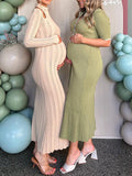 Momyknows Apricot Knitted Belly Friendly Cut Out High Neck Bodycon Eleagnt Maternity Baby Shower Maxi Dress