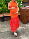 Momyknows Orange Knitting Tassel Backless Bodycon Sleeveless Baby Shower Maternity Maxi Dress