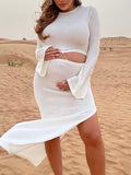 Momyknows Belly Friendly Side Slit Knit Cut Out Two Piece Flare Sleeve Babyshower Maternity Maxi Dress