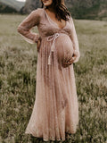 Momyknows Belly Friendly V-neck Glitter Pleated Belt Boho Evening Photoshoot Babyshower Maternity Maxi Dress