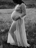 Momyknows Belly Friendly V-neck Glitter Pleated Belt Boho Evening Photoshoot Babyshower Maternity Maxi Dress