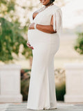 Momyknows White Tassel V-Neck Bodycon Mermaid Evening Gown Baby Shower Maternity Maxi Dress