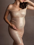 Momyknows Sequin Off Shoulder Bodycon Mermaid Cap Sleeve Evening Gown Photoshoot Maternity Maxi Dress