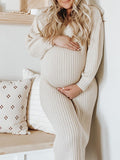 Momyknows Apricot Knitting V-Neck Double Slit Lantern Sleeve Baby Shower Maternity Sweater Maxi Dress
