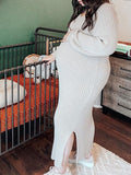 Momyknows Apricot Knitting V-Neck Double Slit Lantern Sleeve Baby Shower Maternity Sweater Maxi Dress