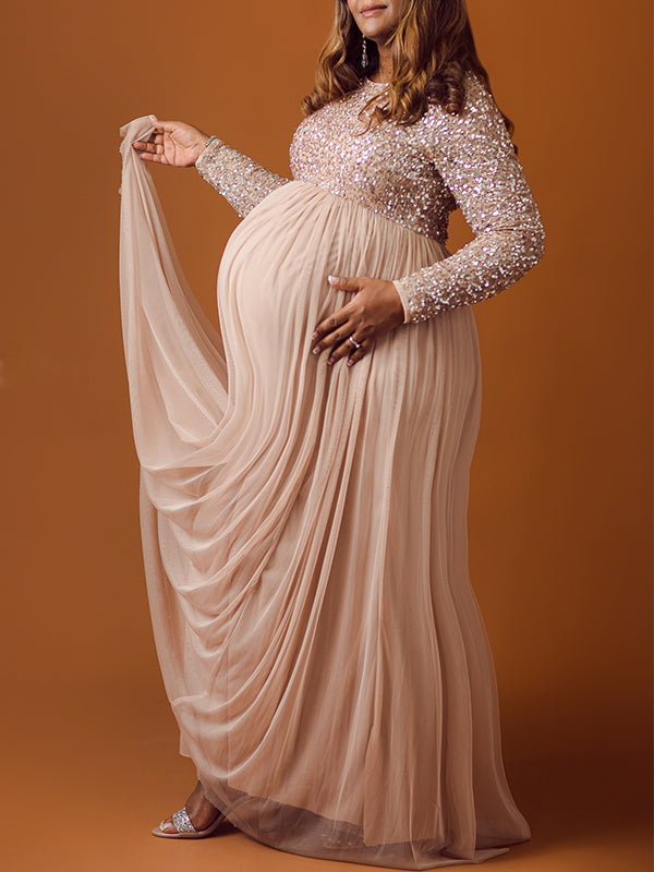 Momyknows Sequin Tulle Splicing Long Sleeve Party Gown Photoshoot Maternity Baby Shower Maxi Dress