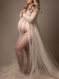 Momyknows Tulle Open Belly Mesh Turtleneck Sheer Fluffy Robe Elegant Maternity Photoshoot Maxi Dress