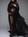 Momyknows Tulle Open Belly Mesh Turtleneck Sheer Fluffy Robe Elegant Maternity Photoshoot Maxi Dress