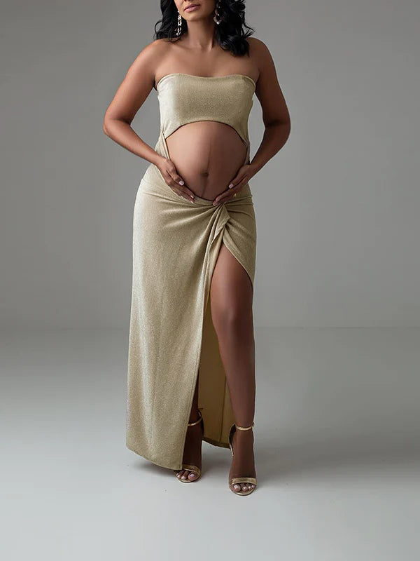 Momyknows Bright Wire Cut Out Bandeau Side Slit Photoshoot Maternity Maxi Dress
