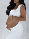 Momyknows White Cut Out Irregular Crop Cap Sleeve Bodycon Photoshoot Maternity Maxi Dress