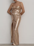 Momyknows Sequin Backless Tie Back Bodycon Bandeau Side Slit Evening Cocktail Gown Photoshoot Maternity Maxi Dress