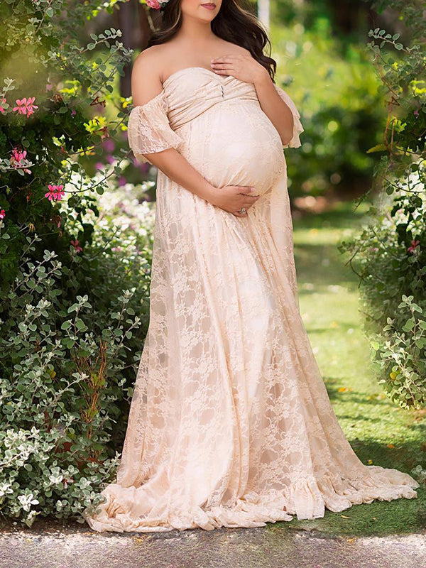 Momyknows Solid Color Lace Off Shoulder Cap Sleeve Photoshoot Maternity Maxi Dress