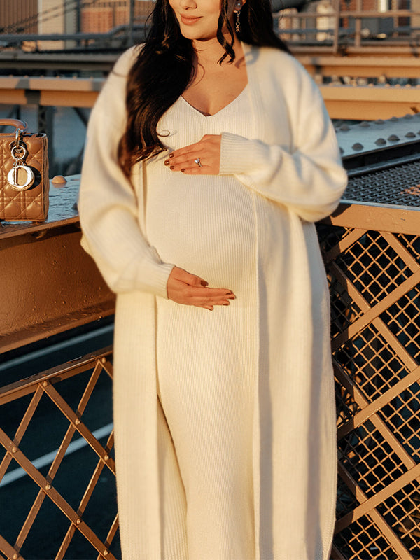 Momyknows White Knitting  V-Neck Bodycon Two Pieces Cardigan Elegant Baby Shower Maternity Maxi Sweater Dress