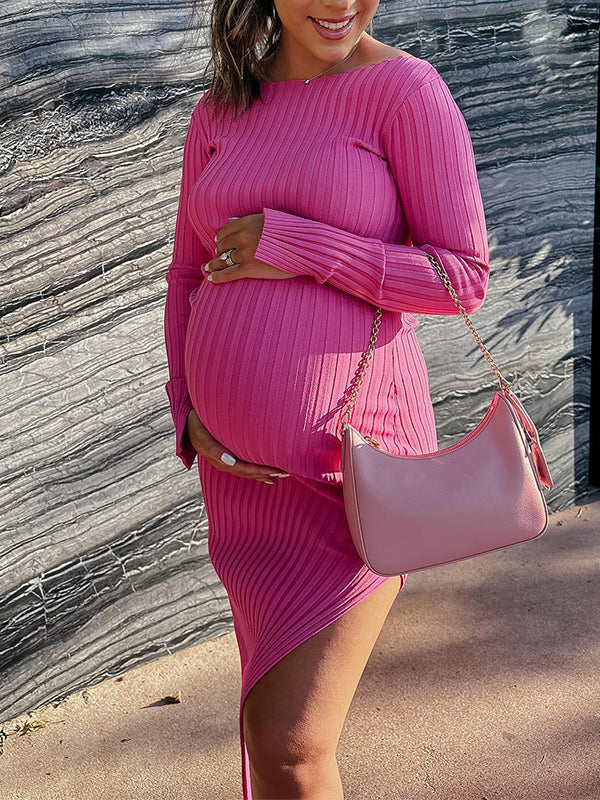 Momyknows Rose Carmine Knitting Side Slit Bodycon Long Sleeve Baby Shower Maternity Maxi Sweater Dress