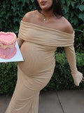 Momyknows Khaki Diamond Rhinestone Off Shoulder Flare Sleeve Bodycon Elegant Evening Gown Maternity Photoshoot Baby Shower Maxi Dress