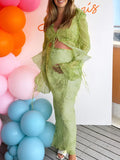 Momyknows 2 Piece Mesh Print Ruffle Tie Slit Flare Sleeve Vacation Photoshoot Baby Shower Maternity Maxi Dress