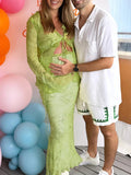 Momyknows 2 Piece Mesh Print Ruffle Tie Slit Flare Sleeve Vacation Photoshoot Baby Shower Maternity Maxi Dress